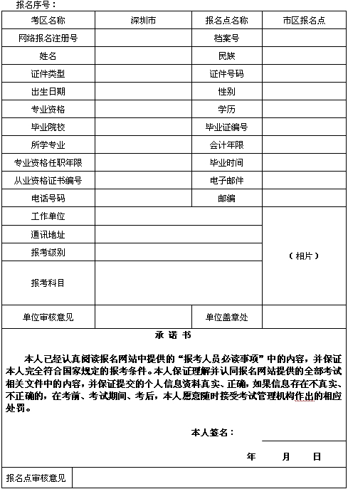 廣東深圳2015年初、中、高級會計師考試網(wǎng)上報名考生信息表