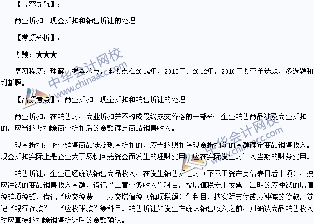 2015《初級會計實務(wù)》高頻考點：商業(yè)折扣、現(xiàn)金折扣和銷售折讓的處理
