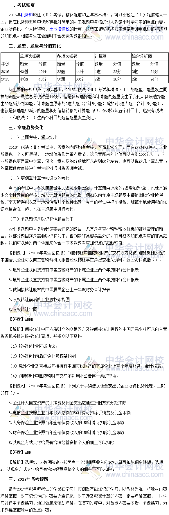 2016年稅務(wù)師考試《稅法二》考后分析報告