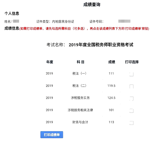 2019稅務(wù)師成績(jī)單2