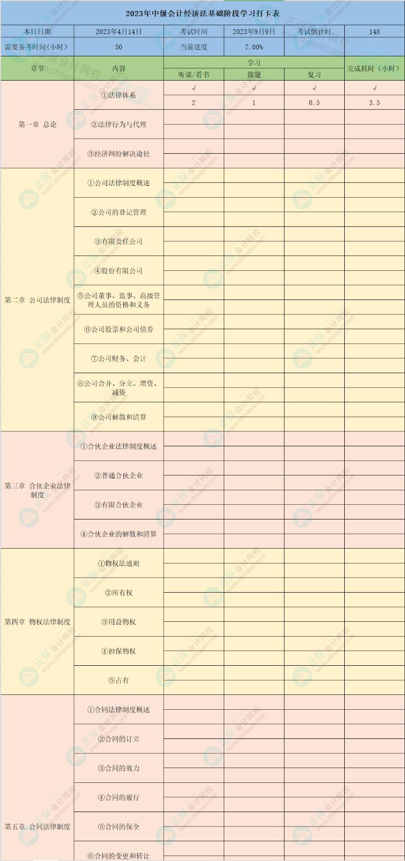 2023年中級會計經(jīng)濟法8章學習打卡表
