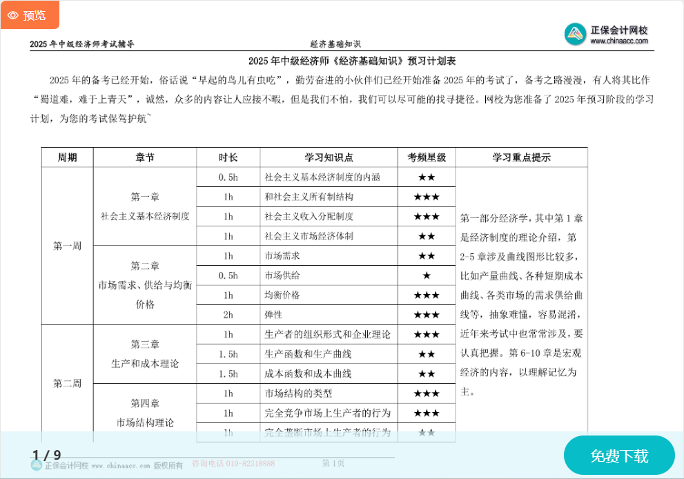 中級經(jīng)濟師《經(jīng)濟基礎知識》預習計劃表