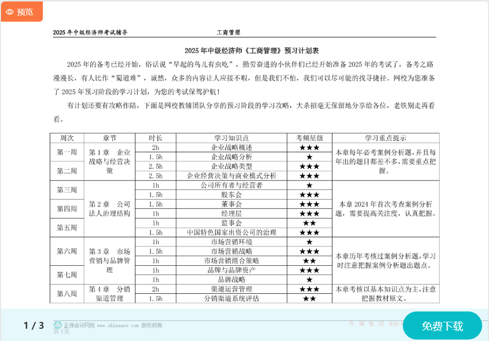 2025中級經(jīng)濟(jì)師《工商管理》預(yù)習(xí)計劃表