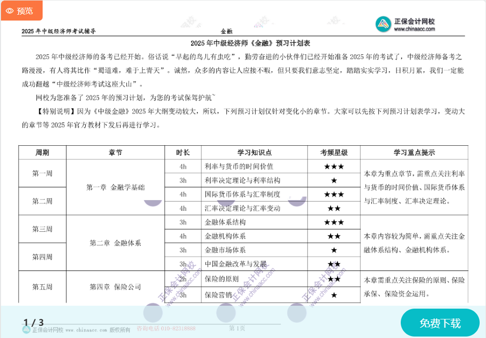 2025中級經(jīng)濟(jì)師《金融》預(yù)習(xí)計(jì)劃表